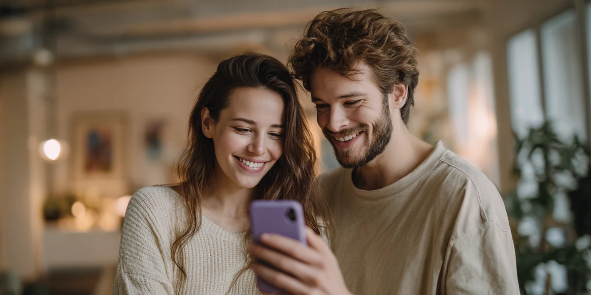 Para oglądająca smartfon — grafika InstaFin — poradnik o pożyczkach i finansach osobistych Para oglądająca smartfon — grafika InstaFin