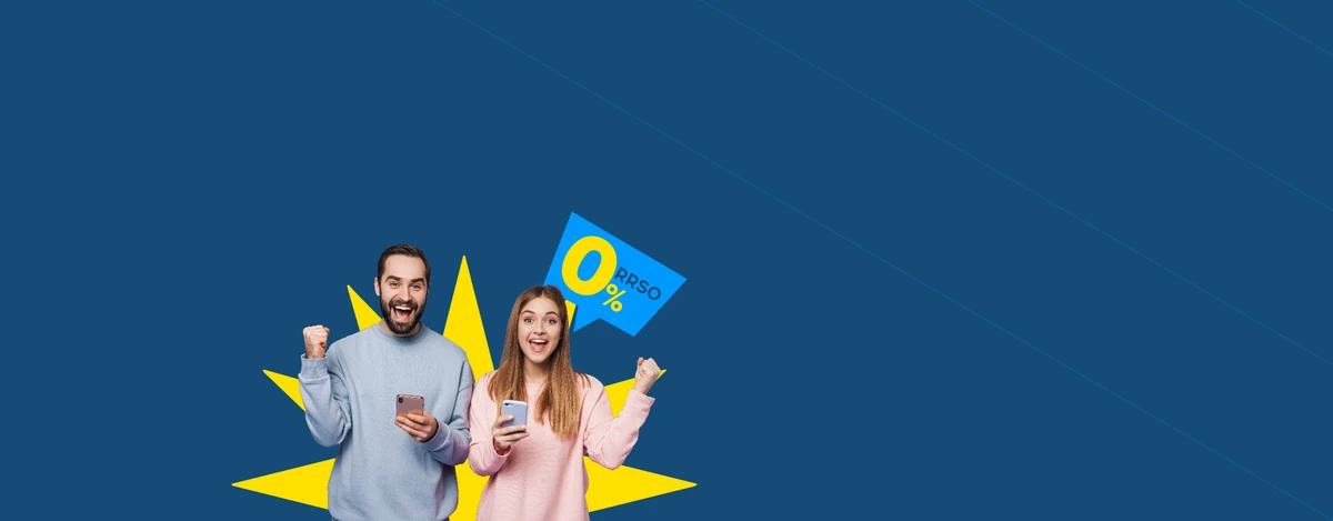 Para ze smartfonami przy napisie RRSO 0% — grafika Oros — poradnik o pożyczkach i finansach osobistych Para ze smartfonami przy napisie RRSO 0% — grafika Oros